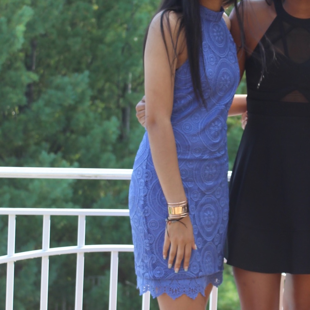 A.Byer Lace High Neck Blue Form Fitting Dress